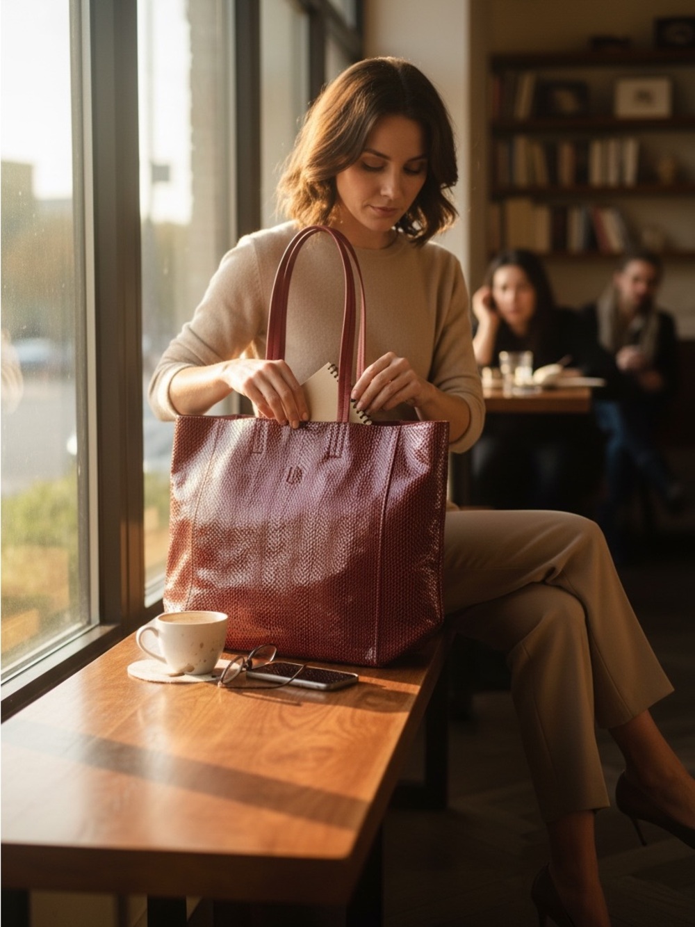 Sorial Embossed Lizard Print Leather Tote Bag Oxblood Oversized